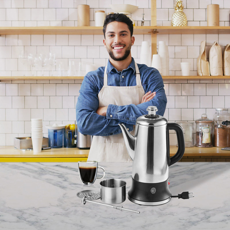 Cafetière électrique à percolateur de 12 tasses, percolateur à café en acier inoxydable 304 avec fonction de maintien au chaud et poignée résistante à la chaleur, cafetière classique, infusion rapide et bec verseur facile, argent