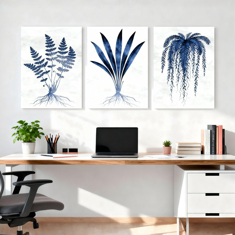 Toile murale tendue représentant une fougère et des plantes botaniques bleues (lot de 3), H 36 po x l 72 po