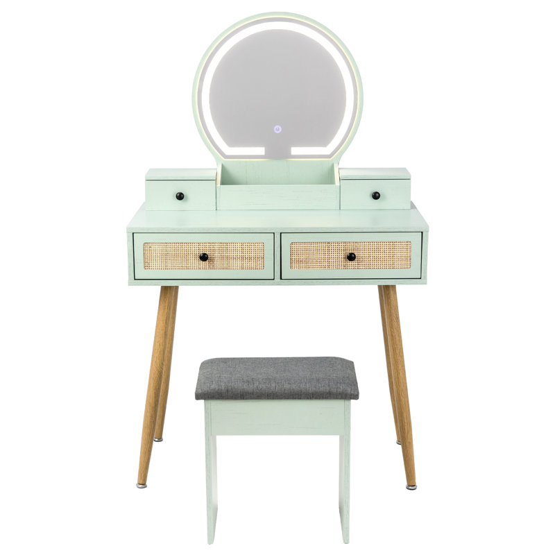 Iesa Boho Natural Rattan Vanity with LED Mirror and Stool