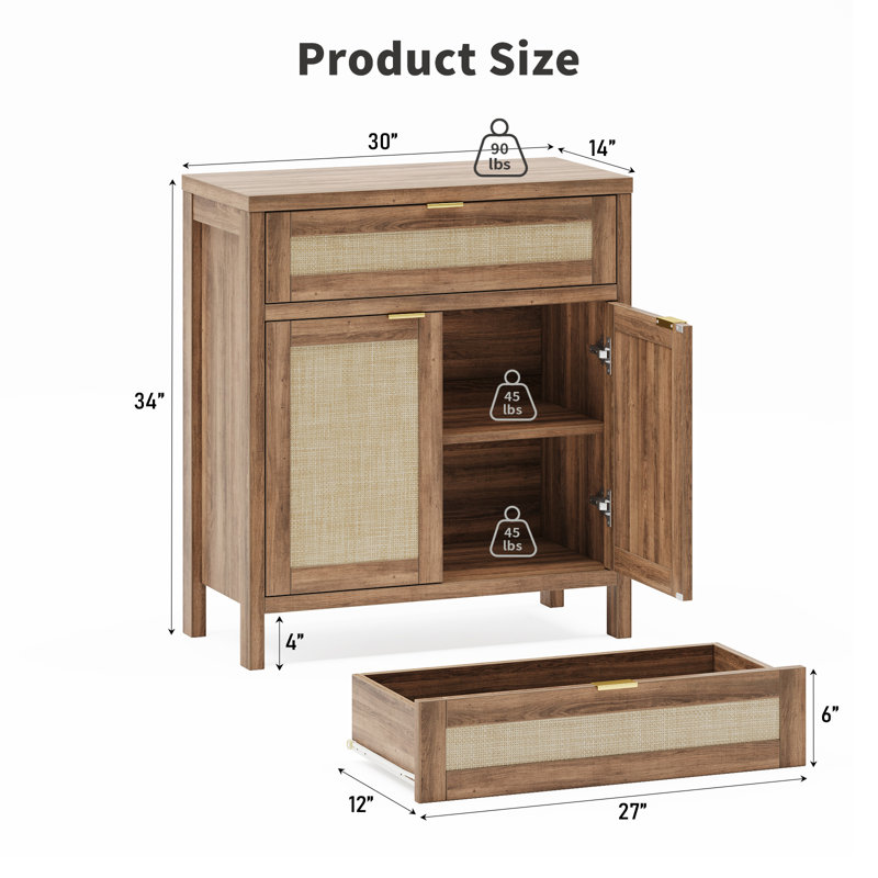 Buffet 30 "en rotin avec tiroir et tablette de réglage, noyer, 3 pièces