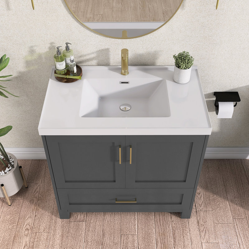 Ensemble de meuble-lavabo simple 36 po en bois massif avec comptoir à surface solide, armoire de bain pré-assemblée gris foncé