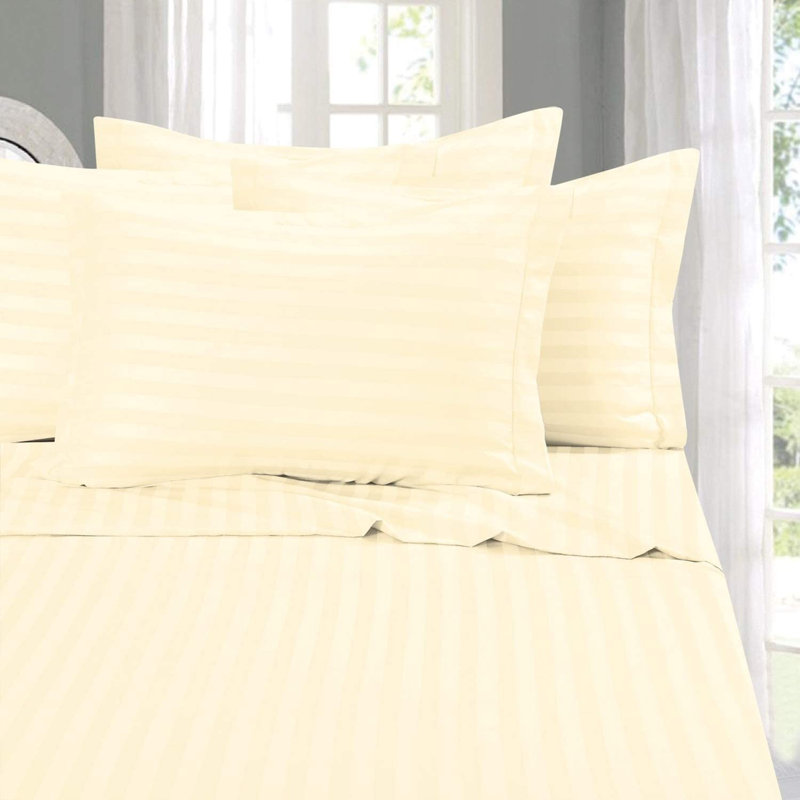  Ensemble de draps rayés en microfibre percale, Ensemble de draps pour grand lit avec 2 taies d'or, Ivoire