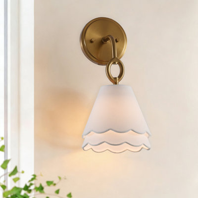 Scalloped Layered Fabric Shade Wall Sconce with Brass Finish, Vintage Inspired Wall Lighting