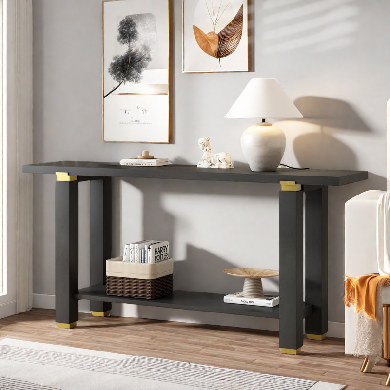 Console Minimalist avec détails géométriques en métal et tablette de rangement inférieure, Noir