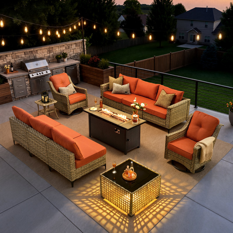 Emroy 8 - Person Wicker/Rattan Sectional Seating Group with Lighted Coffee Table and Swivel Chairs, All Weather Modular Outdoor Conversation Set with Cushions
