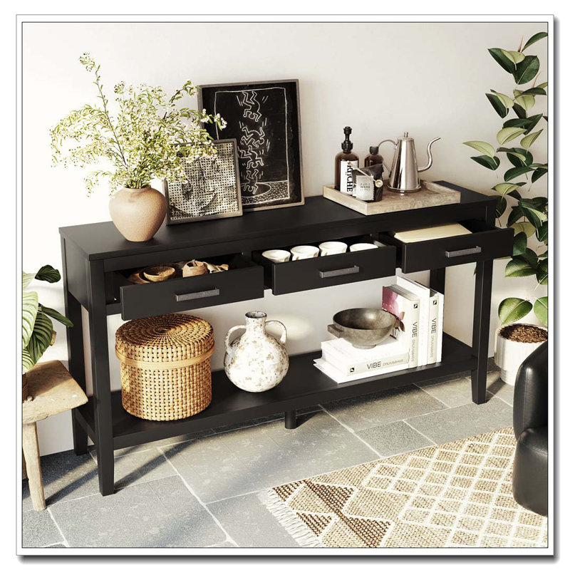 Console de 59,1 po avec 3 tiroirs, console peinte, Noir