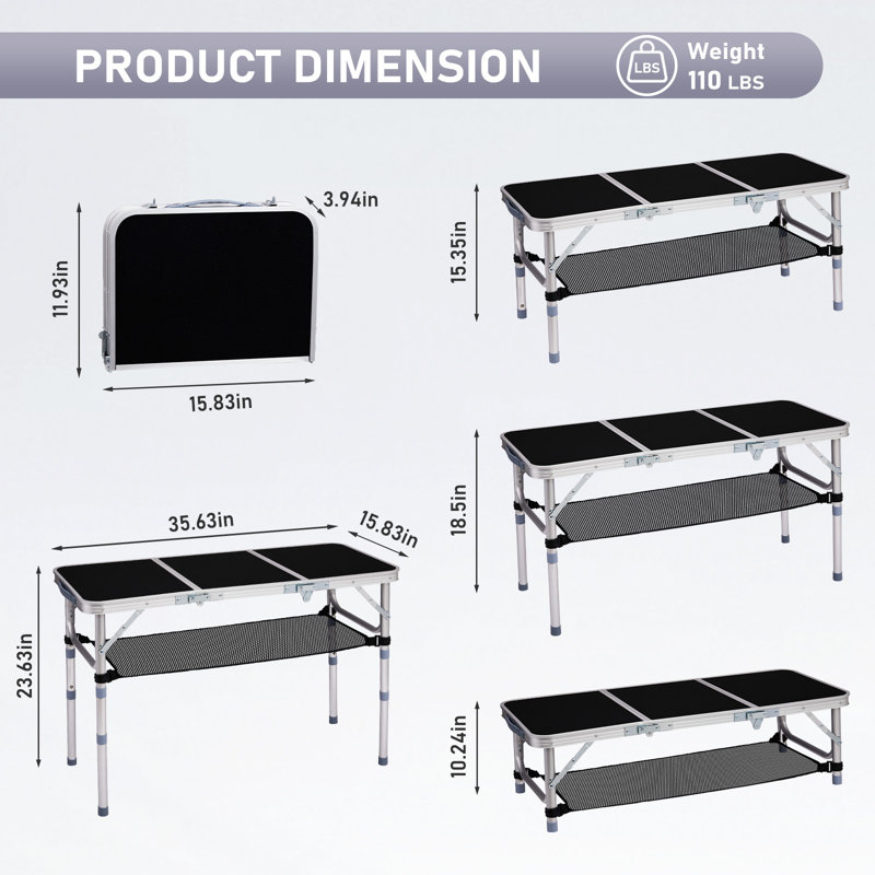3 FT. Black Patio Aluminium Folding Table With Mesh Storage Bag, Black