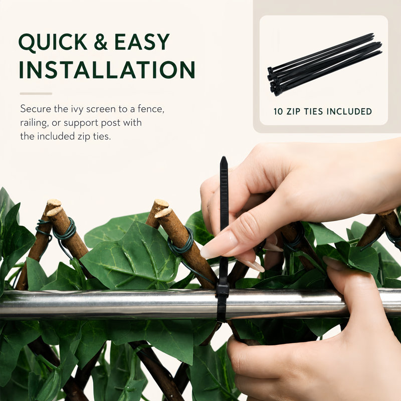Double-Sided Expandable Faux Hedge Artificial Ivy Privacy Fence Panel with Real Wood Trellis