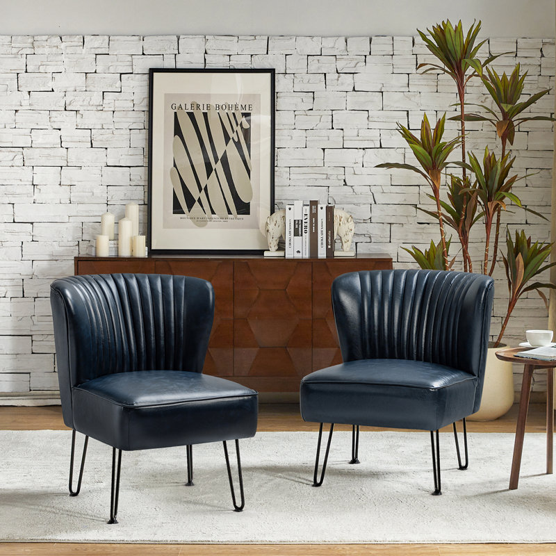 Euclid 26" W Faux Leather Tufted Side Chair With Metal Base, Navy Faux Leather
