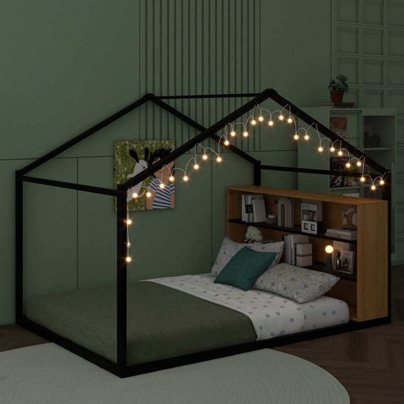 Structure de lit en métal inspirée de la maison avec éclairage intégré, Noir, Lit double