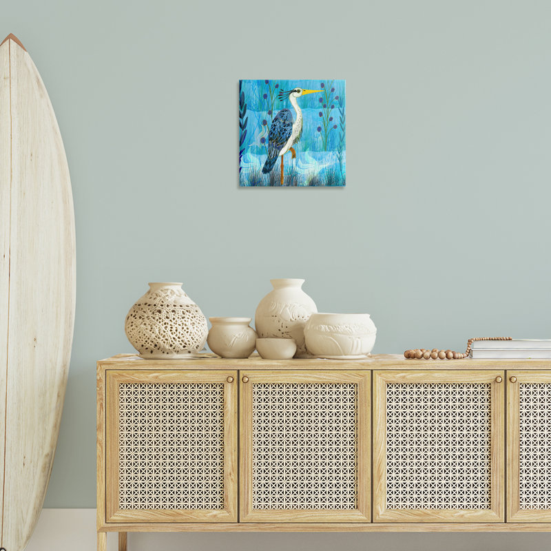 Grue debout sur toile aux tons bleus, design par Kay Widdowson, H 17 po x l 17 po