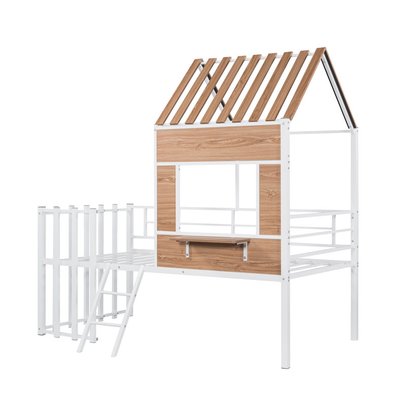 Metal Twin Loft Bed with House Roof, Window, Full Guardrail & Built-in Ladder, Sturdy Playhouse Style Loft Bed for Bedroom