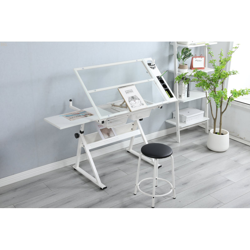 WHITE Table à dessin réglable en verre trempé avec chaise