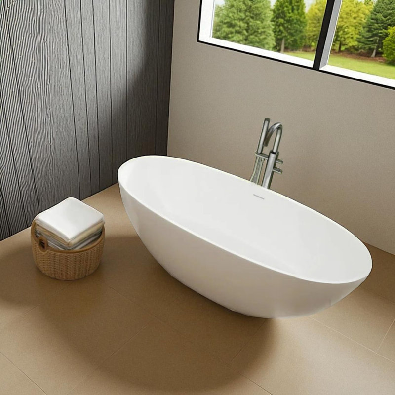Baignoire de trempage autoportante à surface solide blanc mat 65 po x 30 po KISRAIS, Blanc lustré