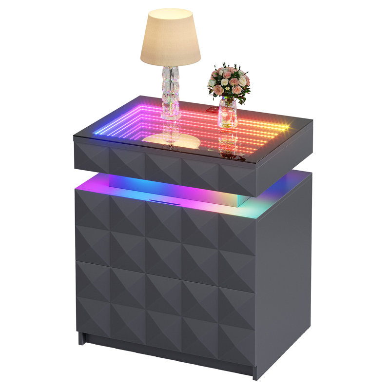 50cm W Bedside Table with 3D Mirror Abyss and Sensor RGB Lighting, 2-Drawer Bedside Table with Hidden Storage And Lockable