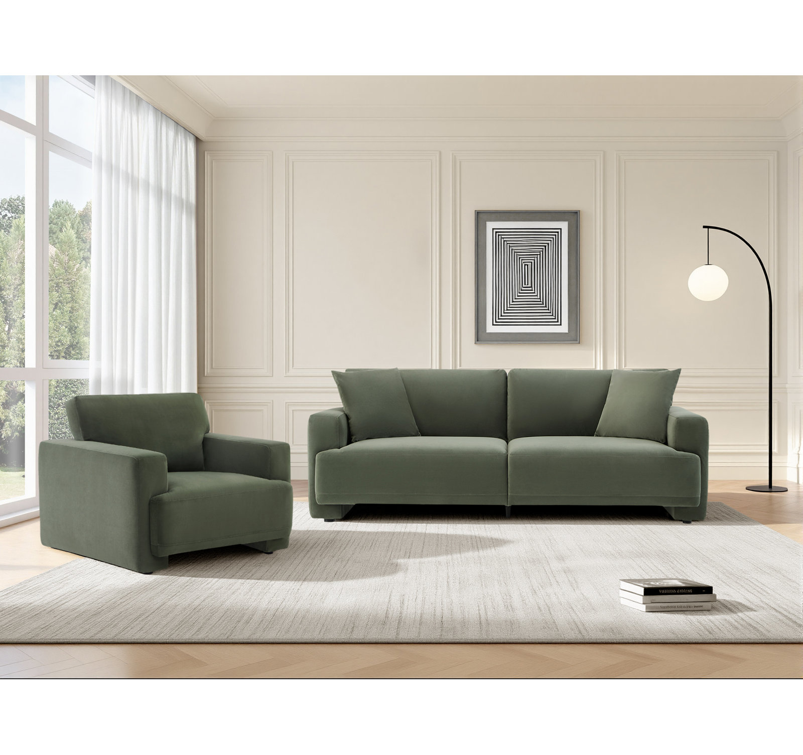 Ives 2-Piece Velvet Living Room Set, Soren Olivine Performance Velvet
