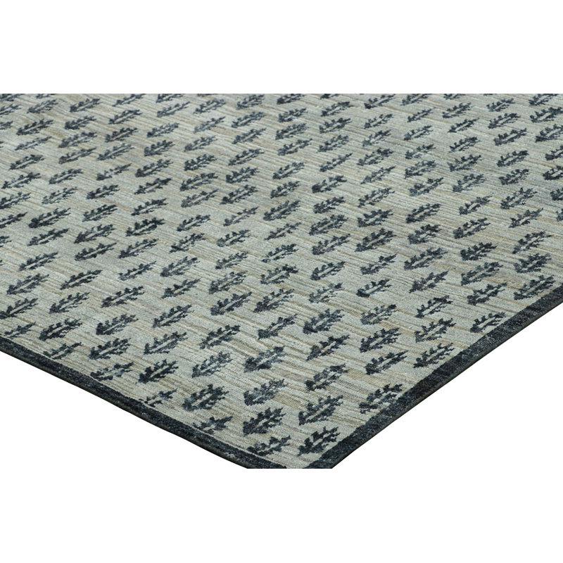 Black Print Hand Knotted Floral Area Rug, Rectangle 4' x 5'