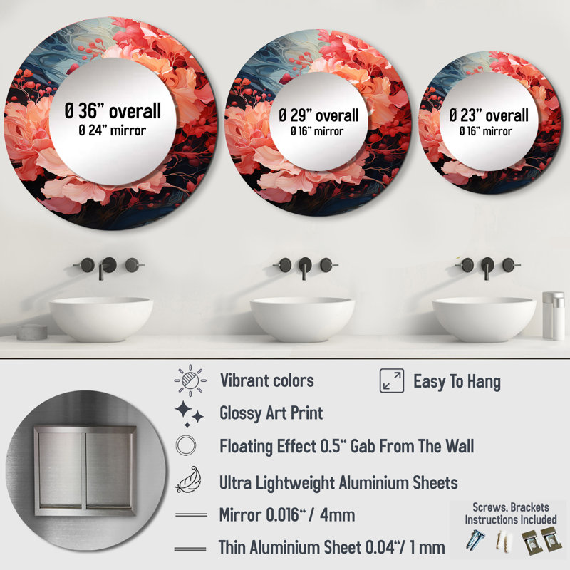 Corail ondulant Reverie fleurs - miroir décoratif spirales abstraites, grand miroir mural rond moderne, art imprimé en métal
