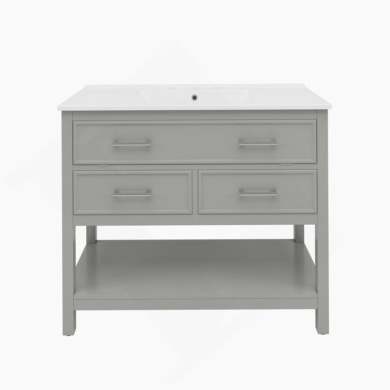 Meuble-lavabo 36 po avec lavabo en céramique, meuble-lavabo avec plateau basculant et 2 tiroirs pleine extension, poignées argentées et glissières à fermeture en douceur, 1 tablette ouverte au bas