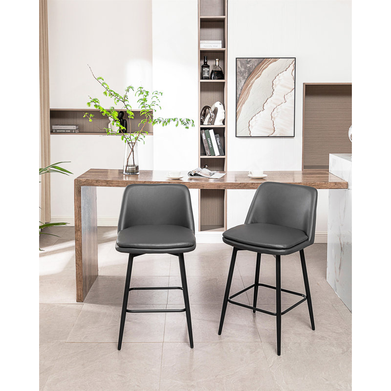 Ensemble de 2 tabourets de bar rotatifs à hauteur de comptoir de 25,6 po de hauteur, ensemble de 2 tabourets pivotants rembourrés à 360 ° avec dossier et pieds en métal