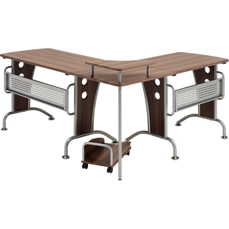 Ouida L-Shaped Metal Base Computer Desk, Dark Walnut