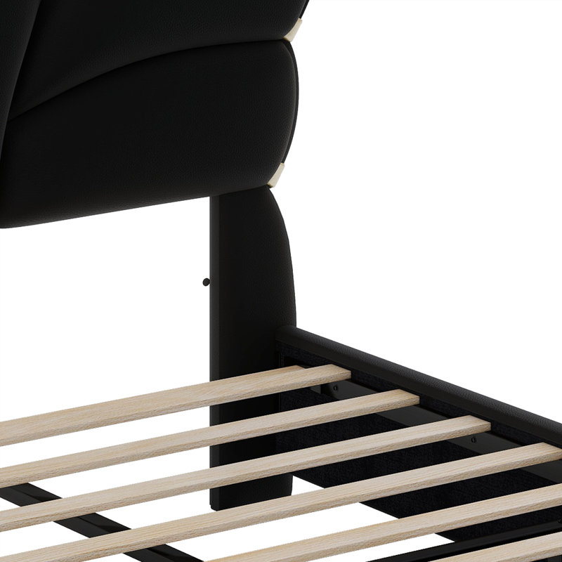 Lit plateforme avec tête et pied de lit en forme de papillon, cadre de lit tapissier moderne avec décorations en métal, Noir