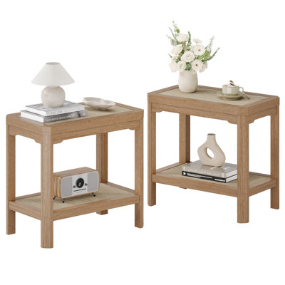Rattan Night Stand Set of 2 - Farmhouse 2 Tier End Table for Bedroomoom - Accent Side Table wtih Open Storage Shelves for Small Space Narrow Coffee Table , Natural Oak