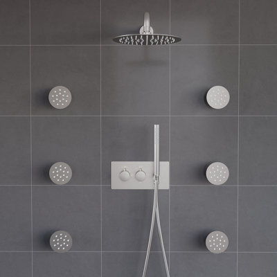 Système de douche thermostatique avec pomme de douche ronde ultra-mince de 10 po, jets de corps et douche à main