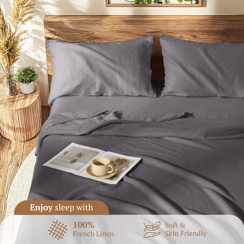 Linen Sheets Set, 100% Linen Bed Sheets- 4 Pcs, King, Dark Gray