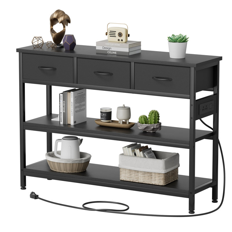 3-Tier Console Table With Charging Station & 3 Fabric Drawers,43.3'' Entryway Table With Storage Drawers And Open Shelves, Narrow Sofa Table With USB Ports And Outlets, Adjustable Feet, And Modern Design For Hallways, Living Rooms, And Small Spaces