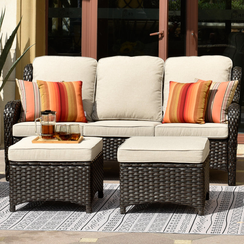 Gretna Premium All-Weather Wicker 3 - Person Patio Conversation Set with Cushions, Brown Frame/Beige Cushion