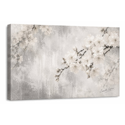 "White Blossom Branch", art mural, peinture botanique gris doux, décor de toile tendue Bayland