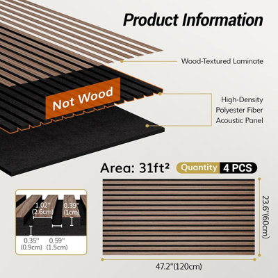 Panneaux muraux en bois épaissis double épaisseur auto-adhésifs, paquet de 4 47,2 po x 23,6 po x 0,72 po, grands panneaux insonorisants pour murs, panneaux muraux auto-adhésifs, noyer