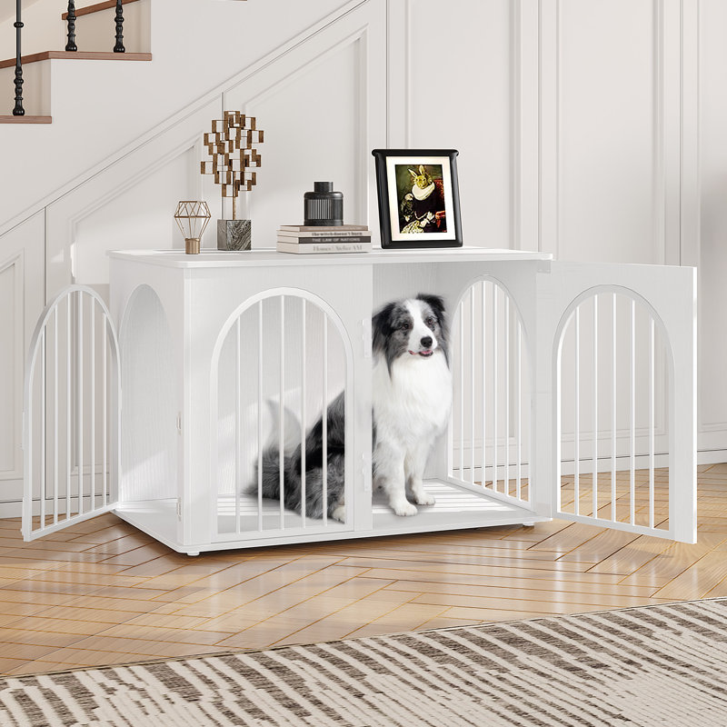 Dog Crate Furniture, 100 cm Wooden Dog Crate, Indoor Kennel for Small/Medium/Large Dogs, End Side Table Animal Crates, Anti-Chew, Anti-Escape, Arched Door Design