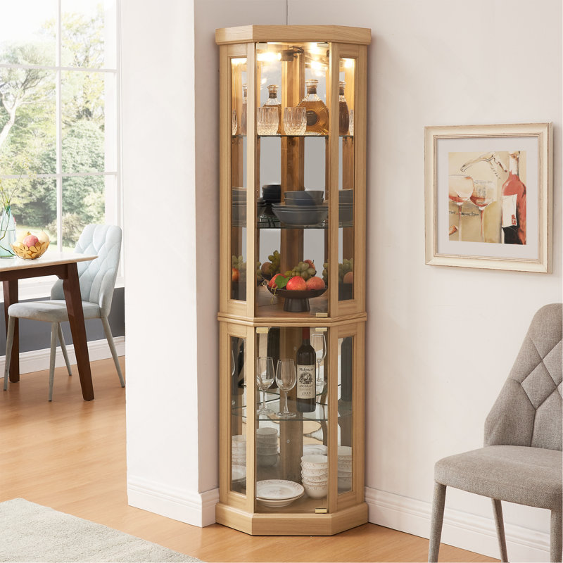 Lighted Corner Curio Cabinet - Display Case For Living Room, Antique Collectibles, Wine & Bar Glass Storage - Elegant Corner Design With Lights Included