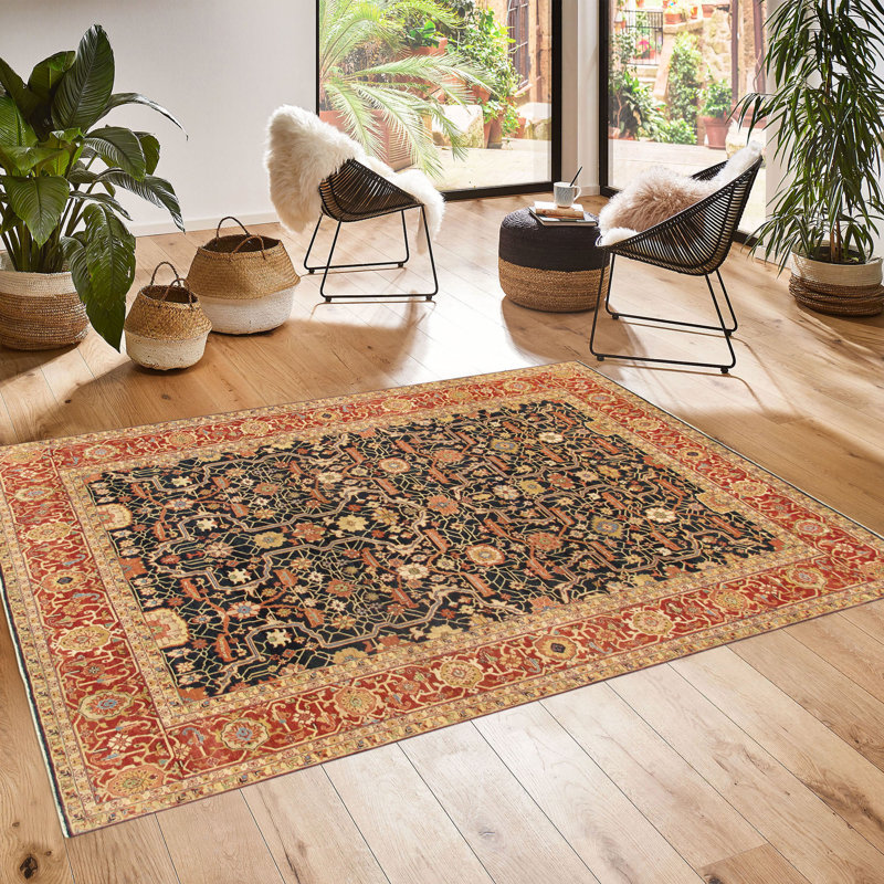 Tapis brun / noir / crème en laine noué à la main
