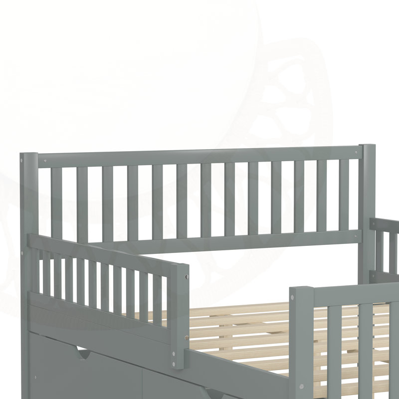 Wood Platform Bed with Guardrails on Both Sides and Two Storage Drawers, Full, Gray