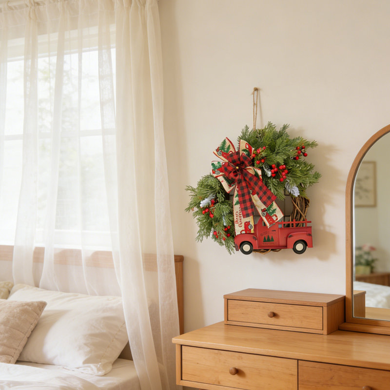 Couronne de Noël polyvalente 1 pièce avec couronne de ramassage rétro rouge à motif de carreaux Buffalo, décorations de couronne suspendue pour les fêtes