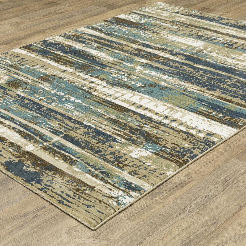 Tapis abstrait rayé beige / bleu Rayan, Rectangle 7 pi 10 po x 10 pi 10 po