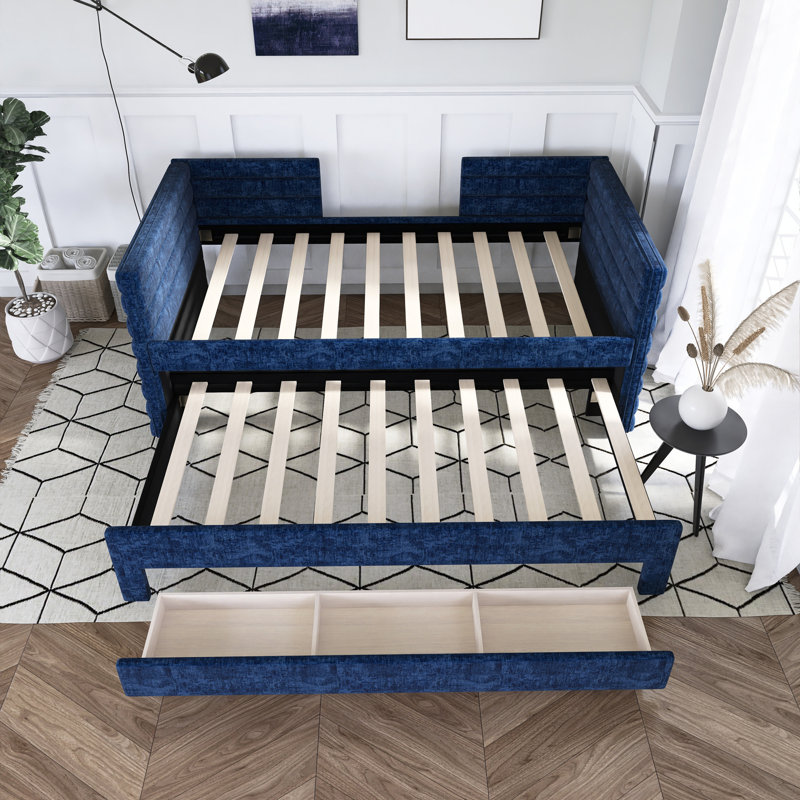 Lit de jour simple en L tapissier avec couchette, 3 tiroirs, Bleu très foncé