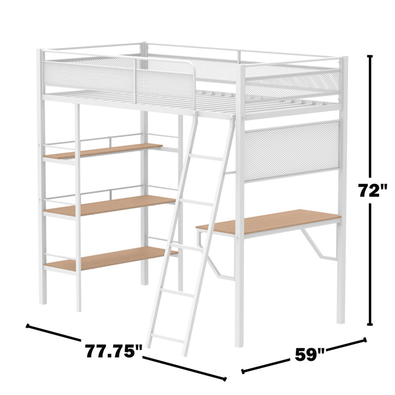 3-Shelf Twin Workstation Loft Bed With Wood-Look Veneer And Open Shelves In Matte White For Bedroom Functionality Style Metal Full Guardrails Mesh Panel Design Aesthetics