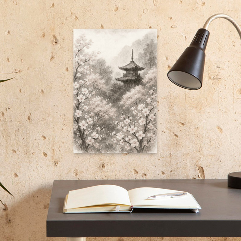 Pagode japonaise, fleurs de cerisier paisibles, paysage de cerisier traditionnel serein, art mural, H 18 po x l 12 po
