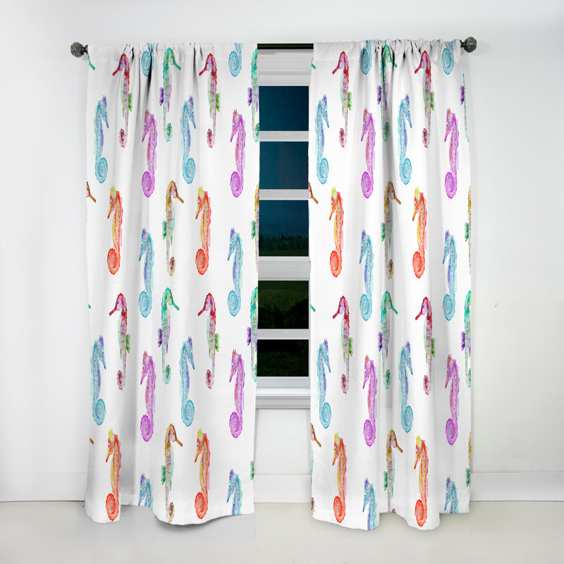Pattern with Multicolored Seahorses - Animal Print Nautical & Coastal Blackout Curtain Single Panel, 52" W x 108" L