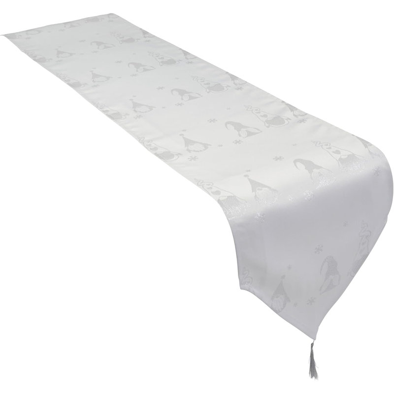 Christmas Metallic Gonk Tasselled Table Runner, 183 x 13cm, White