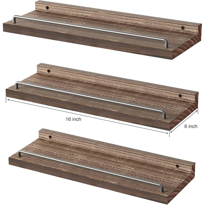 Floating Wall Shelves Set Of 3 - Rustic Farmhouse Decor For Bathroom Over Toilet, Living Room, Bedroom, Kitchen - Sturdy Paulownia Wood With Metal Guardrails - Easy Installation