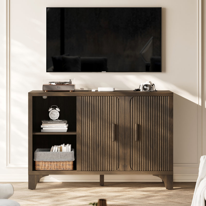 Gouun Mid Century Modern Fluted Buffet Cabinet With Storage, Accent Sideboard And Credenza Storage Cabinet With Doors, Wood Coffee Bar Console For Kitchen, Living Room (Brown, 47.2" 2-Door)
