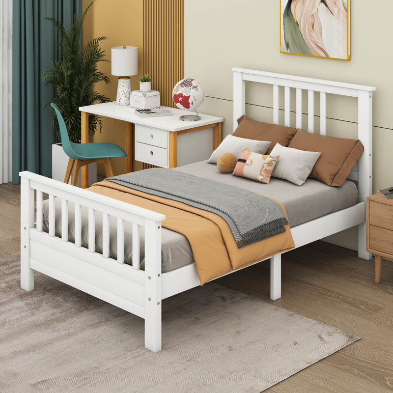 Lit plateforme en bois avec tête de lit et pied de lit Alariz, Lit simple, Blanc