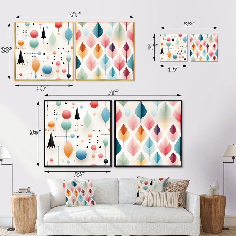 Ensemble de 2 pastels scandinaves à motif géométrique pastel - formes abstraites carrées, Toile tendue, H 30 po x l 61 po