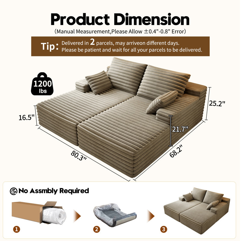 80"Upholstered Corduroy Sleeper Sofa Bed With Dual Mattress, Camel