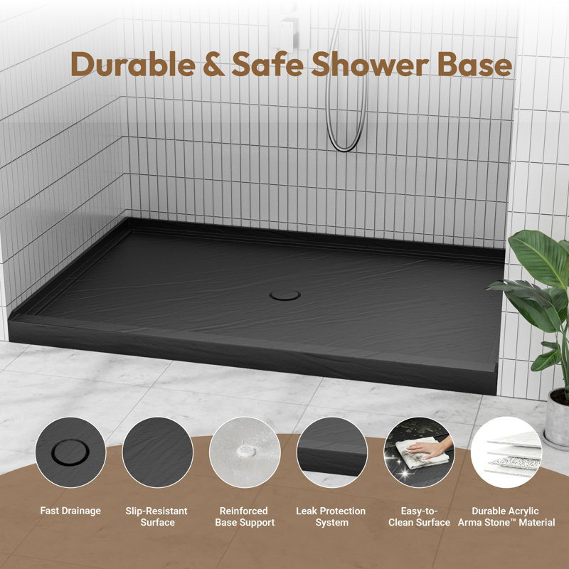48" W X 32" D Acrylic Shower Base, Composite Single Threshold Shower Pan, Center Drain Slip-Resistant